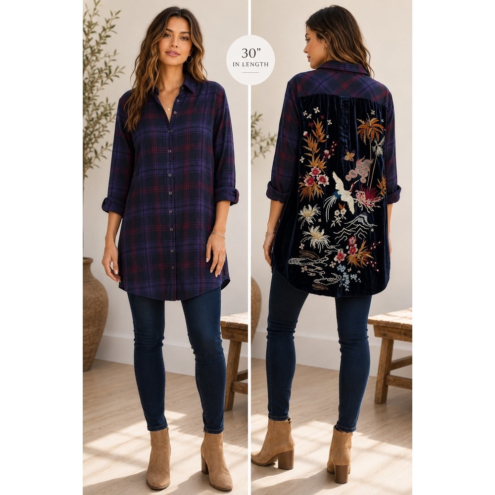 Johnny Was Workshop Plaid Embroidered Velvet Back Shirt Navy Boho Western S